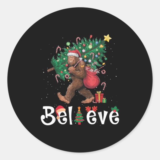 Sticker Rond Santa Bigfoot Christmas Tree Lights Sasquatch Beli (Devant)