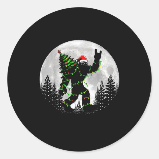 Sticker Rond Santa Bigfoot Christmas Tree Xmas Lights Funny Sas (Devant)