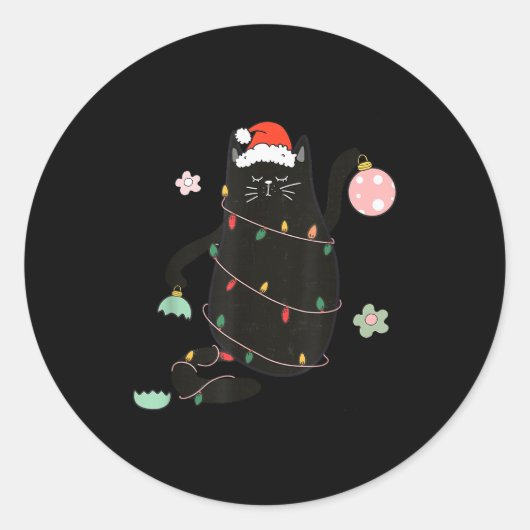 Sticker Rond Santa Black Cat Tangled Up In Christmas Tree Light (Devant)