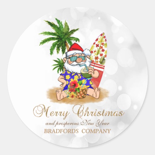 Sticker Rond Santa Claus cool, Palm Tree, Beach Bokeh (Devant)