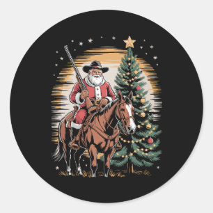 Sticker Rond Santa Claus Cowboy Vintage Christmas Tree Western