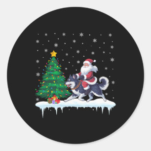Sticker Rond Santa Claus équitation Alaskan Klee Kai Chiens Gar