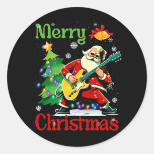Sticker Rond Santa Claus Guitariste Joyeux musicien de Noël par