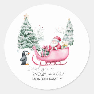 Sticker Rond Santa Claus, Sleigh, Penguin, Forêt