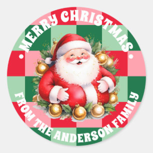 Sticker Rond Santa Claus Tartan Rétro Noël Plaid