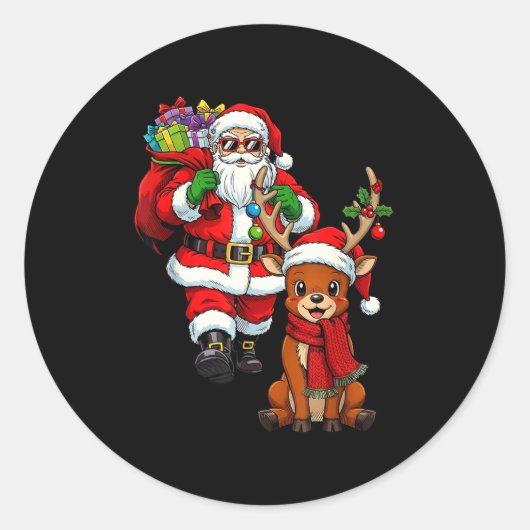 Sticker Rond Santa Claus With Reindeer And Cool Christmas  (Devant)