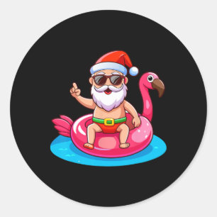 Sticker Rond Santa Flamant Flotteur Plage Noël Drôle En Ju