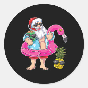Sticker Rond Santa Flamingo Pineapple Plage Vacances Noël I