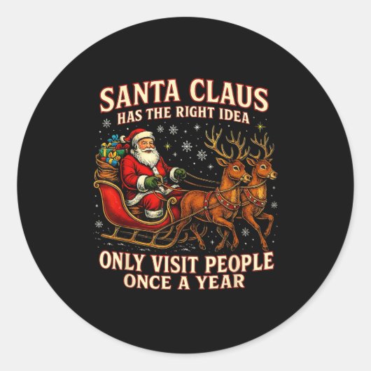 Sticker Rond Santa Has The Right Idea Funny Introvert Christmas (Devant)