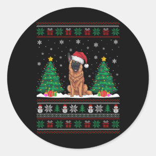 Sticker Rond Santa Hat Belge Malinois Chien Xmas Arbre Lumière 