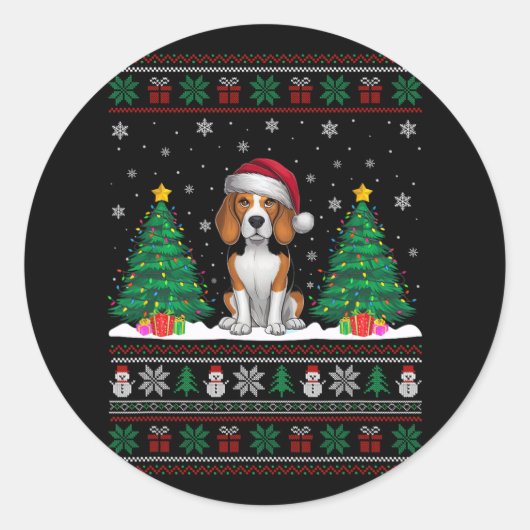 Sticker Rond Santa Hat Chien Beagle Noël Lumières Arbre Vilain (Devant)