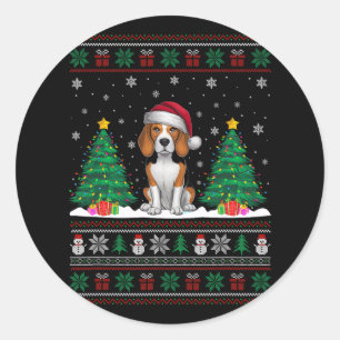 Sticker Rond Santa Hat Chien Beagle Noël Lumières Arbre Vilain