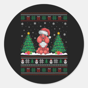 Sticker Rond Santa Hat Chien de caniche de Noël Lumières Arbre