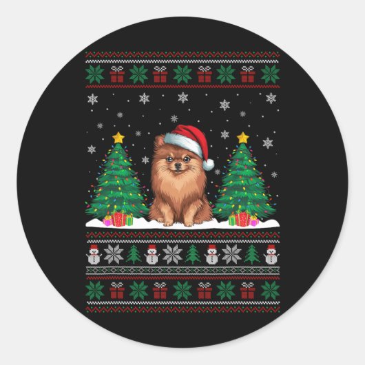 Sticker Rond Santa Hat Chien Poméranien Feu d'Arbre de Noël (Devant)