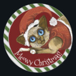 Sticker Rond Santa Hat&Coat Christmas Kitty<br><div class="desc">Christmas Kitty dans un chapeau et manteau de Santa,  adorable personnaliz autocollants de chaton siamese</div>