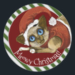 Sticker Rond Santa Hat&Coat Christmas Kitty<br><div class="desc">Christmas Kitty dans un chapeau et manteau de Santa,  adorable personnaliz autocollants de chaton siamese</div>
