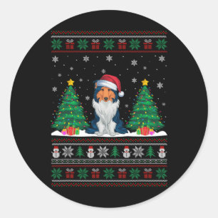 Sticker Rond Santa Hat Rough Collie Chien Xmas Les lumières de