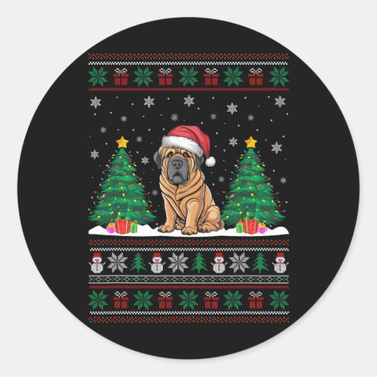 Sticker Rond Santa Hat Tibétain Mastiff Chien Xmas Arbre Lumièr (Devant)