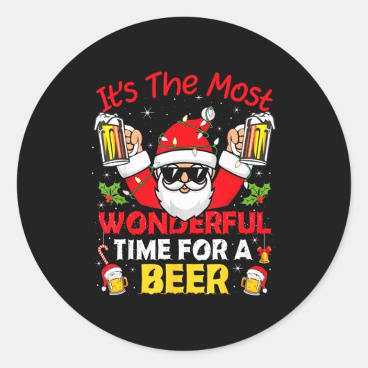 Sticker Rond Santa It's The Most Wonderful Time For A Beer Funn (Devant)
