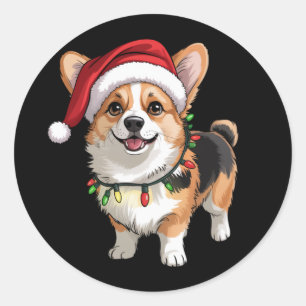 Sticker Rond Santa Pembroke Welsh Corgi Lumières de sapin de No