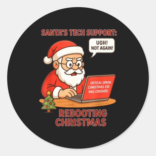 Sticker Rond Santa Support s Rebooting Humor Tech Computer (Devant)