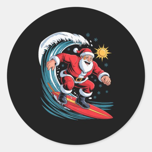 Sticker Rond Santa Surfing Funny Surfer Holiday Christmas Xmas (Devant)