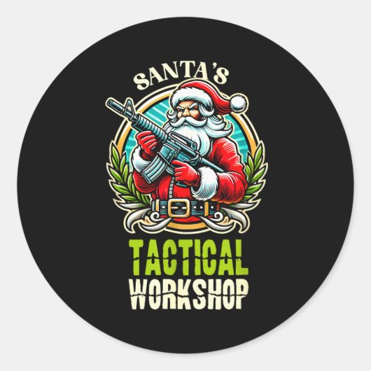 Sticker Rond Santa's Tactical Workshop Santa Has Guns And Chris (Devant)