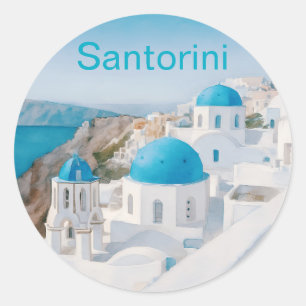 Sticker Rond Santorin, Grèce, avec des dômes bleus emblématique