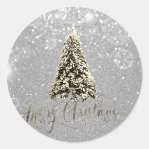 Sticker Rond Sapin de Noël Argent Pailleté Élégant