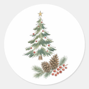 Sticker Rond Sapin de Noël avec pommes de pin et baies rouges à