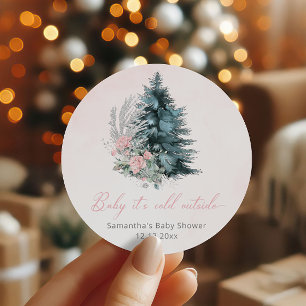 Sticker Rond sapin de Noël Bébé Rose il fait froid dehors