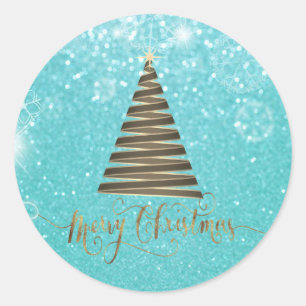 Sticker Rond Sapin de Noël bleu pailleté élégant