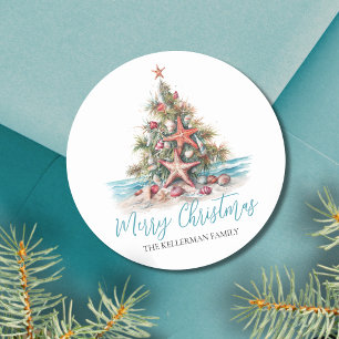 Sticker Rond Sapin de Noël de plage joyeux