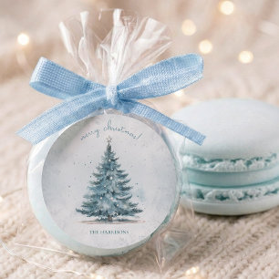 Sticker Rond Sapin de Noël élégant bleu argent aquarelle