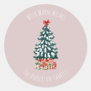 Sticker Rond Sapin de Noël Élégant enneigé Personnalisé Rose