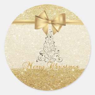 Sticker Rond Sapin de Noël élégant,Nœud doré Faux,Pailleté
