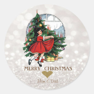 Sticker Rond Sapin de Noël élégant Petite fille Bokeh