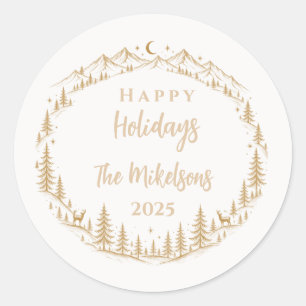 Sticker Rond Sapin de Noël en or enchanté en forêt