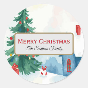 Sticker Rond Sapin de Noël enneigé à l'aquarelle avec maison bl