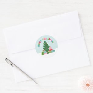 Sticker Rond Sapin de Noël joyeux avec des cadeaux en bleu aqua