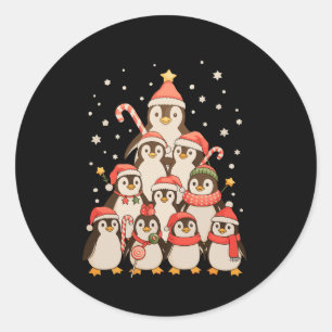 Sticker Rond Sapin de Noël Pingouin Neige Chapeau de Père Noël