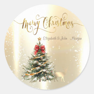Sticker Rond Sapin de Noël, Renne en Or de Noël 
