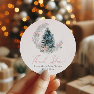 Sticker Rond Sapin de Noël Rose Argent Merci