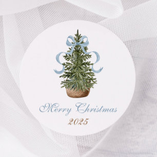 Sticker Rond Sapin de Noël Ruban Préparatoire Bleu Noël