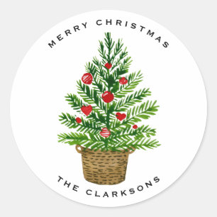 Sticker Rond Sapin de Noël sur panier en osier Joyeuses Fêtes