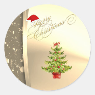 Sticker Rond Sapin de Noël tendance, Chapeau de Père Noël, Or F