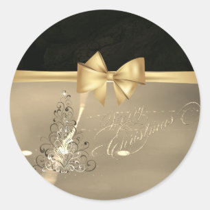 Sticker Rond Sapin de Noël tendance, Nœud doré faux