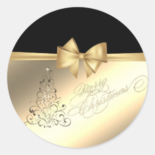 Sticker Rond Sapin de Noël tendance, Nœud doré faux