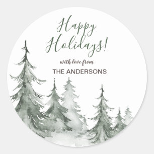 Sticker Rond Sapins de Noël à l'aquarelle Hiver, Fête de Noël