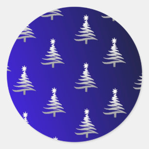 Sticker Rond Sapins de Noël Argent sur Bleu Cobalt